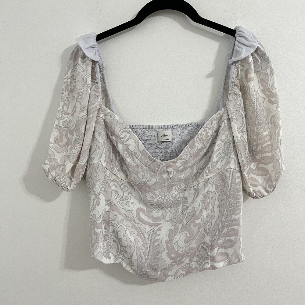 Aritzia Wilfred Novella Blouse Size L White and Pale Pink Smocked Top Floral
